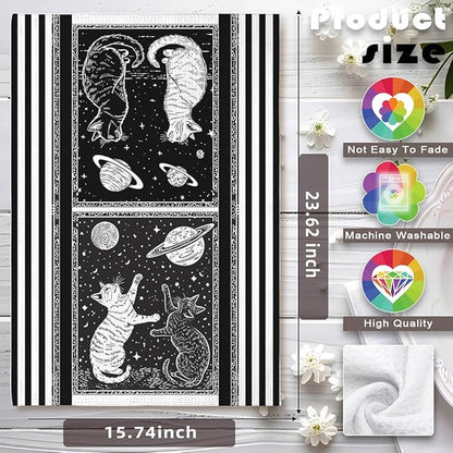 Cat Kitchen Towels - Quick-Dry Monochrome Star-Gazing Cats Art, Duo Obsidian & Ivory Silhouettes Hand Cloth for Celestial Pet Moms | Decorative Dish Towel & Ethereal Home Accent, Astronomical Gift