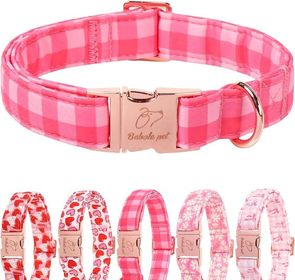 Pink Checkerboard Dog Collar, Classic Girly Plaid Dog Collars, Adjustable Heavy Duty Girl Dogs Collar for Small Medium Large Dogs with Metal Buckle L