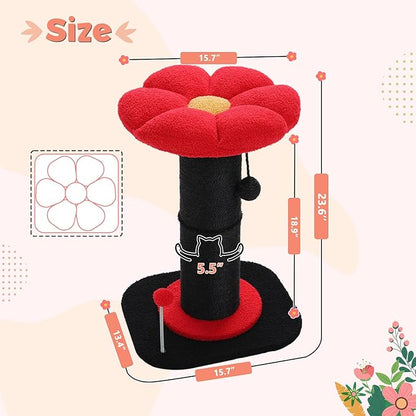 PEQULTI Flower Cat Scratching Post, Gothic Cat Tree, Tall Scratcher for Indoor Cats with Super Thick Scratching Post [Dia=5.5''], Removable Flower Bed, Cat Scratch Post with Spring Ball, Black