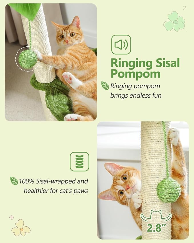 MUTTROS Small Cat Tree, 28" Cat Tower with Sisal Scratching Posts and Coconut Leaves for Indoor Small Cats, Large Hammock and Dangling Ball for Kittens, Green