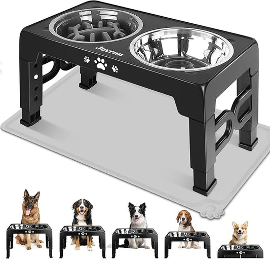 Elevated Dog Bowls with Mat, Non-Slip Dog Feeder with 1*Stainless Steel Dishes & 1*Slow Feeder Bowl, 5 Heights Adjustable Raised Bowls for 3.15″-8.66″-9.84″-11.02″-12.2″