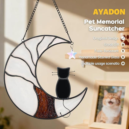 Cat Memorial Suncatcher, Handmade Stained Glass Window Haninging Suncatcher, Pet Memorial Gift for Cat Loss, Sympathy Gift with Moon & Tree of Life for Pet Lovers