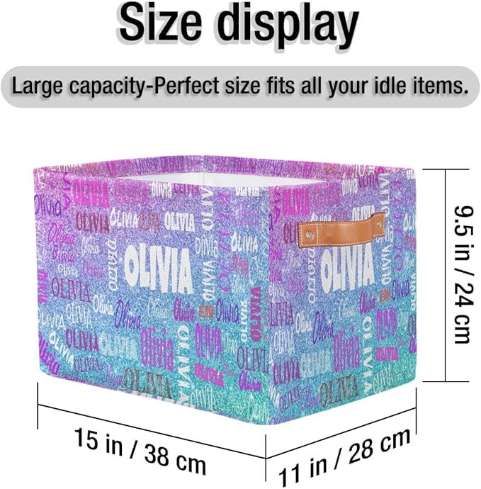 Custom Rectangle Storage Basket, Personalized Name Organizer Bin for Pet/Children Toys, Books, Clothes, Perfect for Rooms/Playroom, Light Blue Purple Glitters Bling