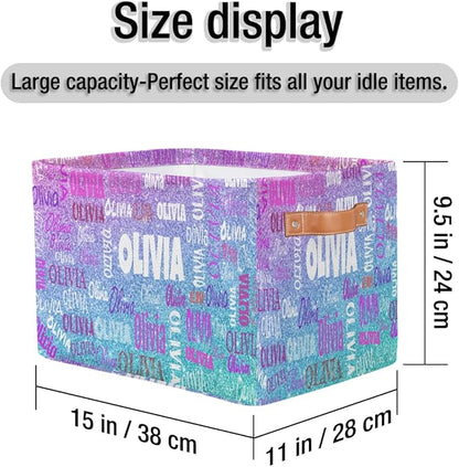 Custom Rectangle Storage Basket, Personalized Name Organizer Bin for Pet/Children Toys, Books, Clothes, Perfect for Rooms/Playroom, Light Blue Purple Glitters Bling