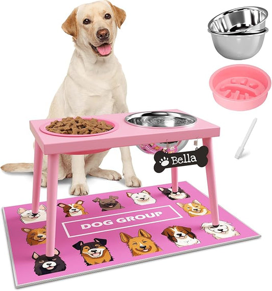 Adjustable Elevated Dog Bowl Stand with Slow Feeder, 2 x 58oz Stainless Steel Bowls, Raised Food and Water Holder for Medium and Large Dogs, Pink