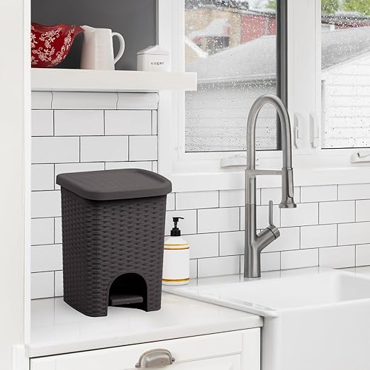 Superio Mini 6L Step Pedal Trash Can - Wicker Design, Hidden Mechanism, Durable Plastic, Ideal for Desktop, Countertop, Pet Waste/Dog Poop - Brown