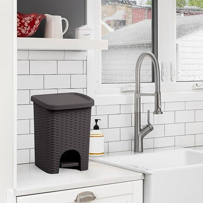 Superio Mini 6L Step Pedal Trash Can - Wicker Design, Hidden Mechanism, Durable Plastic, Ideal for Desktop, Countertop, Pet Waste/Dog Poop - Brown