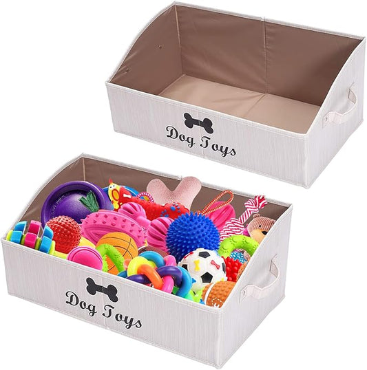 Geyecete 2 Pack Large dog toy bin dog toy box storage box - Foldable Fabric Trapezoid Organizer Boxes with Handle for Dog Toys (Beige-DOG)