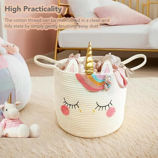 Large Unicorn Woven Basket with Handles - Toy Storage Bin, Baby Gift & Animal Nursery & Cute Laundry Basket, for Clothes, Towels, Toys (Unicorn)