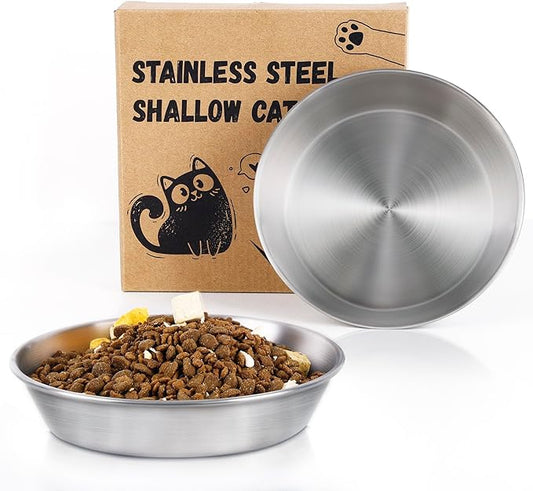 2-Pack Stainless Steel Cat Food Bowls, Shallow Whisker-Friendly Non-Slip Silicone Base Metal Dishes, Easy to Clean Indoor Water Flat Plates for Cat, Kitten, Small Dog (5.9")