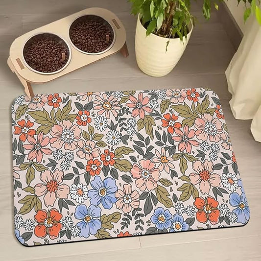 Dog Food Mats for Floors Waterproof, Cat Water Bowl Mats Pet Feeding Absorbent Placemats Flower 24 * 32 inch