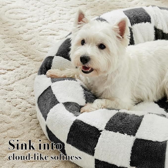Checkered Dog Bed, Cute Black White Retro Style Aesthetic Round Warming Pet Calming Beds for Small Dog and Cats, Plush Cozy Donut Dog Beds Washable, 30" L x 30" W x 8" Th