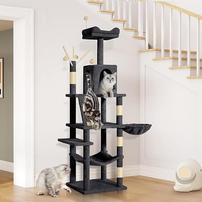 YITAHOME 64.5" Cat Tree, Multi-Level Cat House, Large Cat Condo Furniture with Perch Hammock, Scratching Posts and Dangling Balls for Kittens, Cats and Pets,Dark Gray