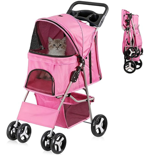 4 Wheels Dog Stroller Folding Pet Strolling Cart for Small Medium Cats Puppies Portable Jogger Travel Camping Puppy Carrier with Storage Basket Cup Holder, Pink