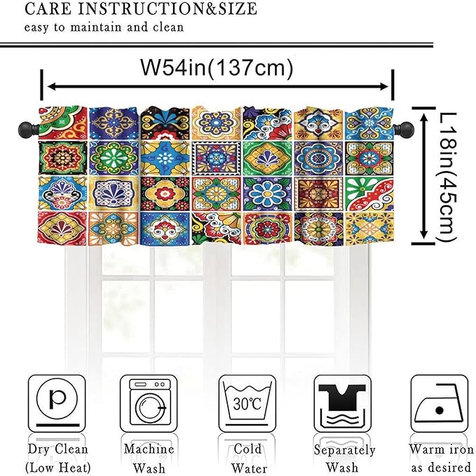 Mexican Style Valances Curtain for Kitchen Cafe, Tiles Print Colorful Flowers Leaves Swirl Pattern Window Treatment Valances Short Curtains Rod Pocket Drape for Dining Room Home Decor, 54x18inch