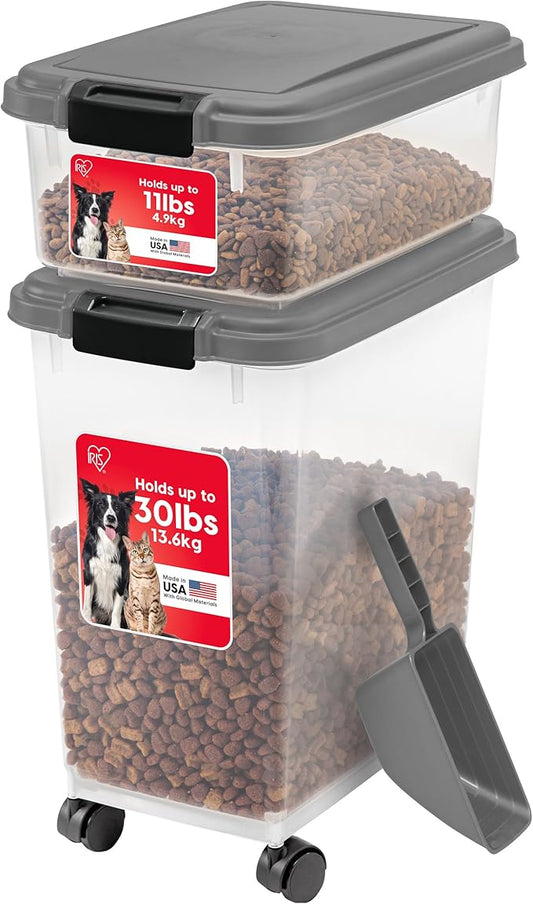 IRIS USA 30 lbs & 11 lbs Combo Airtight Dog Food Storage Container, Stackable Treat Box, 2-Cup Scoop, Wheels, Keep Fresh, Easy Mobility, Dark Gray