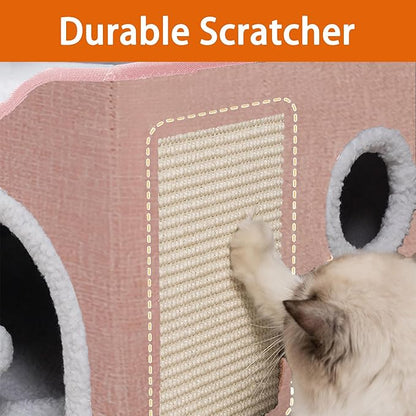 Loyareal Cat Houses for Indoor Cats - Large Cat Bed Cave with Scratch Pad and Fluffy Ball, Foldable Cat Condo Hideaway with Reversible Cushion for Multi Small Pet, Pink