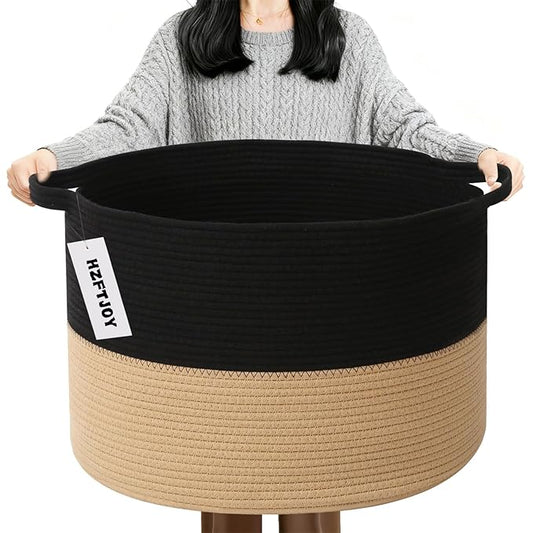 90L Large Blanket Basket,21.7"L x 21.7"W x 13.8"H Rope Woven Baskets with Handles, Toys Storage Bins,Laundry Basket Perfect for Living Room, Nursery,Bedroom,Home Organization,Black&Camel