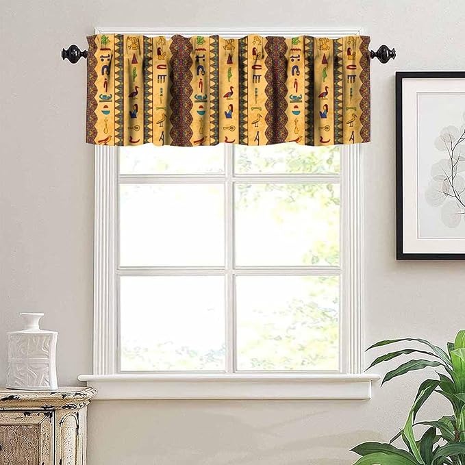 Vintage Ancient Egypt Curtains Valance, Retro Old Egyptian Hieroglyphics Floral Geometric Mysterious Egypt Culture Window Valance Curtain for Farmhouse Bedroom Living Room Kitchen 54x18inch