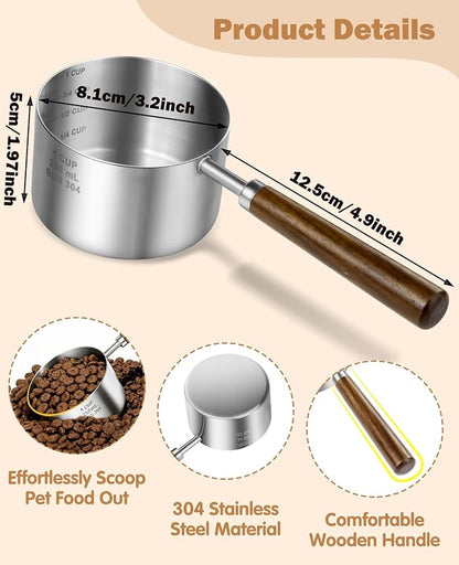 Stainless Steel Dog Food Scoop 1 Cup, Dog Food Measuring Cup With Measuring Lines (Cup/ML) & Long Wooden Handle, Metal Pet Food Scoop For Dogs, Cats and Kitchen Use, Dishwasher Safe