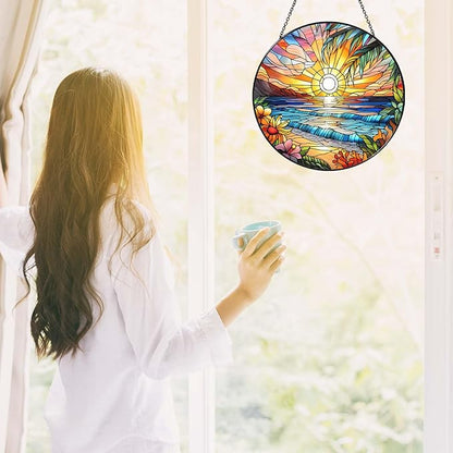 Beach Sunset Sun Catcher Stained Glass Window Hanging 9.8'', Beach Lovers Gifts for Women Kitchen Decor Landscape Decoration for Home Garden Housewarming Gifts