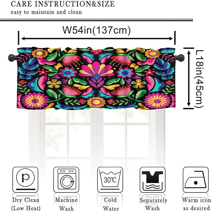 Mexican Style Valances Curtain for Kitchen, Colorful Retro Floral Pattern Window Treatment Valances Short Curtains Rod Pocket Drape for Dining Room Home Decor, 54x18inch
