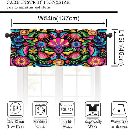 Mexican Style Valances Curtain for Kitchen, Colorful Retro Floral Pattern Window Treatment Valances Short Curtains Rod Pocket Drape for Dining Room Home Decor, 54x18inch