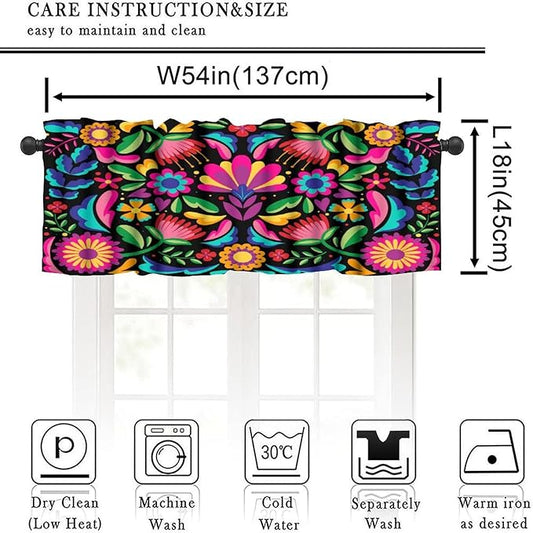 Mexican Style Valances Curtain for Kitchen, Colorful Retro Floral Pattern Window Treatment Valances Short Curtains Rod Pocket Drape for Dining Room Home Decor, 54x18inch