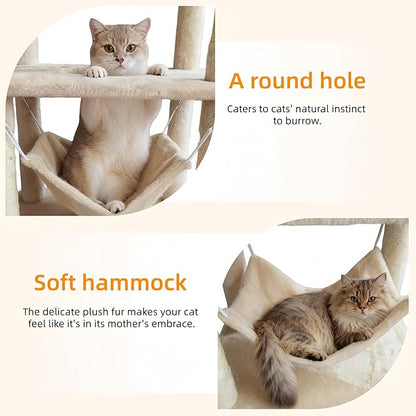 Cat Tree, 68-Inch Cat Tower for Indoor Cats, Plush Multi-Level Cat Condo with 7 Scratching Posts, 2 Perches, 2 Caves, Hammock (Beige)