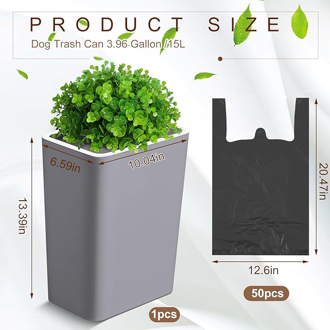 Jingmore Dog Poop Trash Can Outside 3.96 Gal/15 L Plant Styled Dog Waste Trash Can with Lid 50 Pcs Plastic Waste Bags Outdoor Indoor Poop Container Slim Garbage Bin for Yard Garden Pet (Gray)