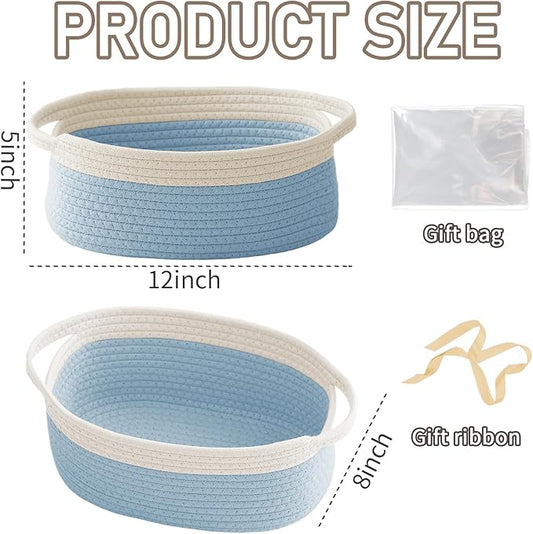 Woven Basket,Small Rope Storage Bin with Handles & Ribbon Bag, Organizer for Shelves Closets,Gift Basket Empty for Birthday,Books,Dog Toys, White&Blue/2 Pack