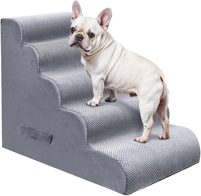 PAWSCART Pet Stairs for Dogs 5-Step, 22.8" H Pet Stairs for High Bed, Couch Sofa & Chair, 30D Material Soft Foam Dog Steps with Non-Slip Bottom Surface Removable Washable Cover, LightGrey