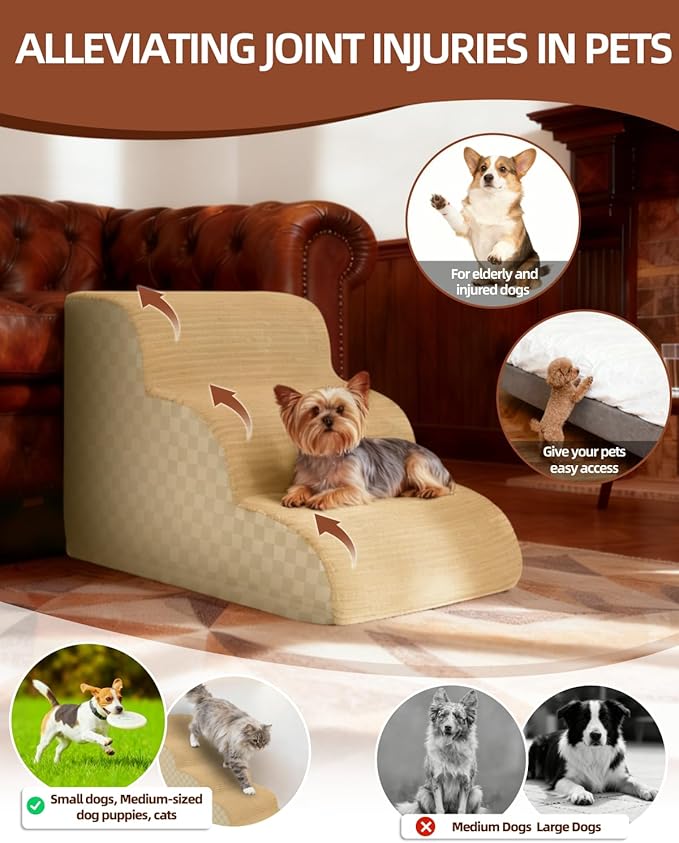 Dog Stairs Ramp for Couch 15.7”H, 3-Step Pet Stairs for Small Dogs with High Density Foam, Dog Slope Stairs with Durable Non-Slip Bottom for Puppy Khaki