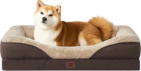 EHEYCIGA Orthopedic Dog Bed for Medium Dog, 35x22x6.5 Inch Memory Foam Dog Couch Bed with Sides, Waterproof Liner & Washable Removable Cover, Bolster Pet Sofa, Brown