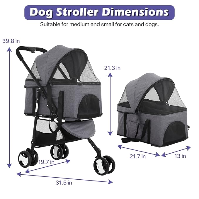 3-in-1 Folding Pet Stroller 3 Wheels Dog Cat Stroller with Detachable Carrier, Grey