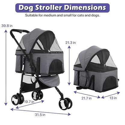3-in-1 Folding Pet Stroller 3 Wheels Dog Cat Stroller with Detachable Carrier, Grey