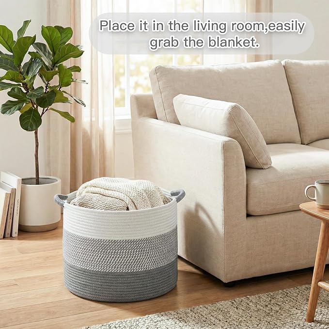 100L Large Cotton Rope Basket, Decorative Woven Blanket Storage for Living Room, Boho Toy Storage & Toy Box for Kids, Versatile Laundry Basket & Nursery Hamper for Blankets(Grey)