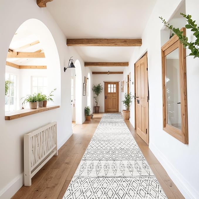 2'6"x12' Hallway Runner Rug Washable - Moroccan Non Slip Bedroom Rugs with Rubber Backing Soft Long Floor Mat Low Pile Farmhouse Carpet for Front Door Entryway 2'6"x12' Geo Grey