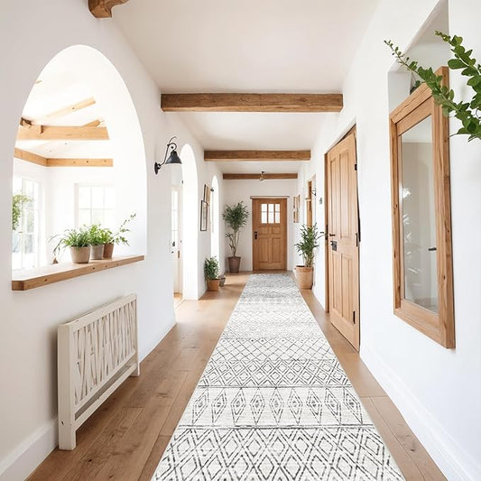 2'6"x12' Hallway Runner Rug Washable - Moroccan Non Slip Bedroom Rugs with Rubber Backing Soft Long Floor Mat Low Pile Farmhouse Carpet for Front Door Entryway 2'6"x12' Geo Grey
