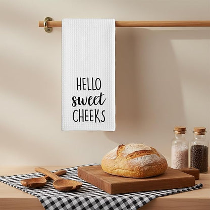 Hello Sweet Cheeks Hand Towel, Waffle Weave Microfiber Bathroom Towel, Funny Rustic Farmhouse Decor, Cute Guest Bathroom Accent