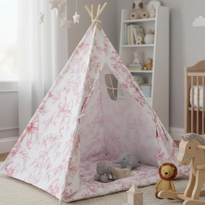 Floral Bow Teepee Tent Indoor Play Tent Coquette Playhouse Foldable Teepee for Indoor Reading Nook Room Decor