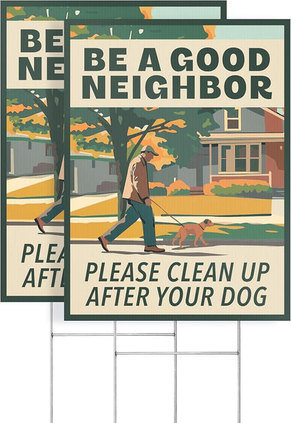 2pk Clean Up After Your Dog Signs | No Dog Poop Signs for Yard Lawn | Corrugated Plastic with H-Frame Metal Stakes, 9" x 12"