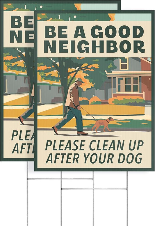 2pk Clean Up After Your Dog Signs | No Dog Poop Signs for Yard Lawn | Corrugated Plastic with H-Frame Metal Stakes, 9" x 12"