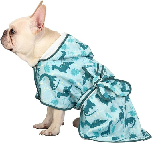 HDE Dog Bathrobe Super Absorbent Quick Drying Puppy Towel Wrap Coat Adjustable After Bath Robes with Hood for Dog Sizes S-XXL Dinosaurs M