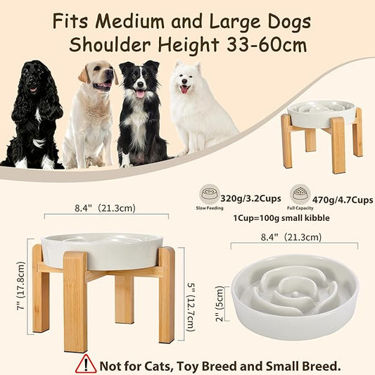 Elevated Slow Feeder Dog Bowl - Ceramic Food Dish with Bamboo Stand - Raised Maze Design - Ideal for Medium to Large Dogs - Milky White - 8.4 inch