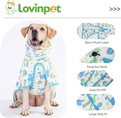 LovinPet 3‑in‑1 Dog Warm Winter Coat & Bathrobe, Hooded Dinosaur Fleece, Lightweight High‑Loft, Absorbent Knit, Quiet Hook‑and‑Loop, Wind‑Blocking Edges, Dog Robes for Medium & Large Dogs, White,M