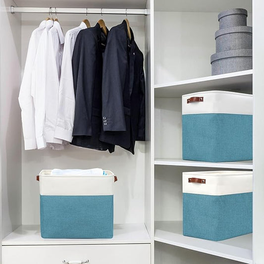 Large Fabric Storage Baskets | 50L Storage Bins, Decorative Linen Closet Baskets with Handles for Organizing, Shelf, Toys, Clothes, Home, Office, Nursery, 17x12x15Inches (Teal&White)