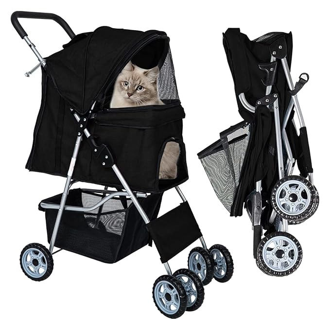Dog Stroller for Small Dogs,Pet Stroller Strolling Cart 4 Wheels Folding Pet Gear Lightweight Waterproof with Storage Basket for Puppy Small Medium Dogs Cats for Travel,Black