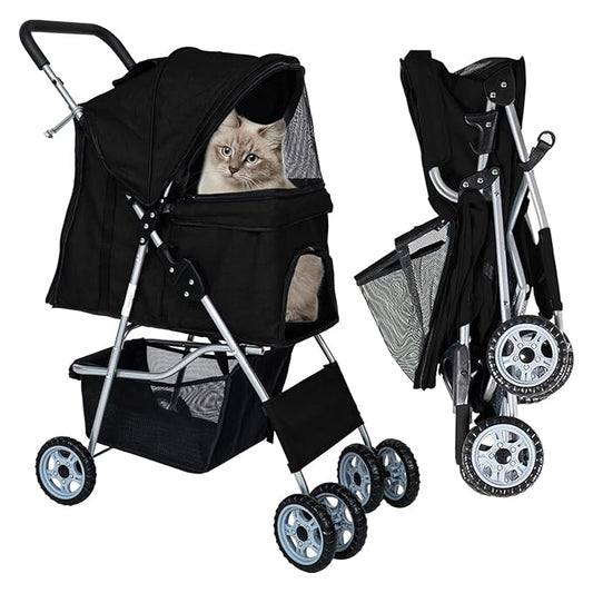 Dog Stroller for Small Dogs,Pet Stroller Strolling Cart 4 Wheels Folding Pet Gear Lightweight Waterproof with Storage Basket for Puppy Small Medium Dogs Cats for Travel,Black