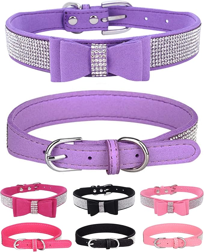 Bling Dog Collar for Small Medium Large Dogs, Crown Rhinestone Dog Collars for Girl and boy Dog, Diamond Puppy Collars, Adjustable Leather Suede SOFE Cat Collar (S(10.6"-13"/27CM-33CM), Purple3)
